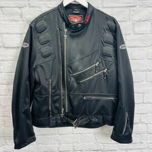 Vintage Thrill Ride Mens Motorcycle Jacket Size XL Black Mesh Padded Belted